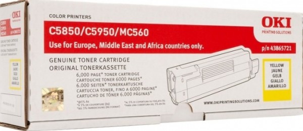 Картридж OKI (43865721/43865741) оригинальный для принтера OKI MC560/ C5850/ C5950, жёлтый, 6000 стр.