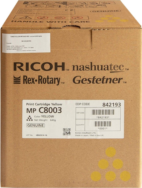 Картридж Ricoh MPC8003 (842193) оригинальный для Ricoh Aficio MP C6503/ C8003SP, желтый, 26000 стр.