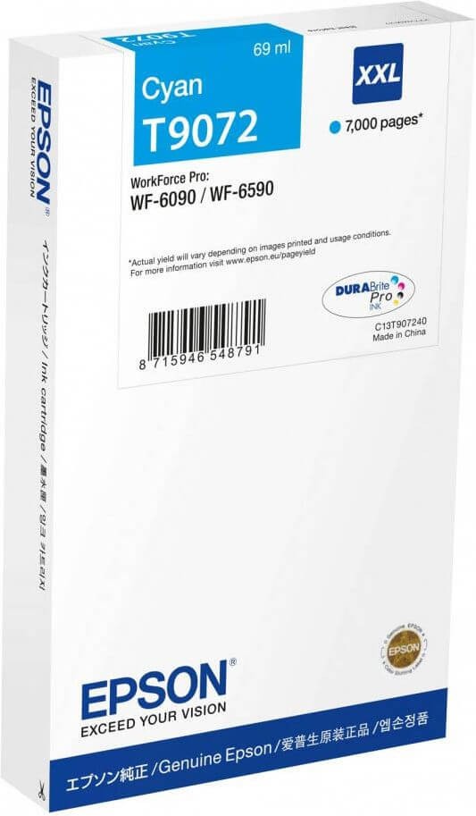 Картридж Epson C13T907240 (T9072 Cyan) XXL оригинальный для Epson WorkForce Pro WF-6090/ WF-6590, голубой, 7000 стр., 69мл