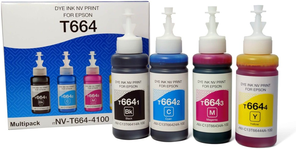 Набор чернил NV Print T664 (NV-T664-4100) CMYK для Epson L100/ L200/ L300/ L456/ L550/ L605, многоцветный, 4х100мл