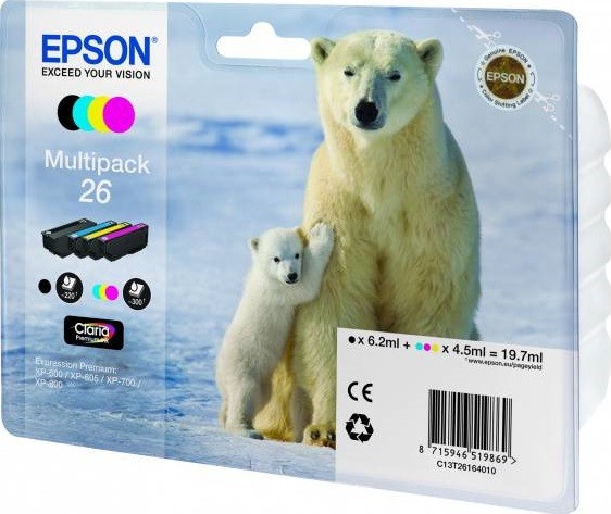 C13T26164010 Картридж Epson для Expression Premium XP-600, 605, 700, 800, Набор из 4 Цветов, 26 4clr Pig BK, CY, MA, YE (cons ink)