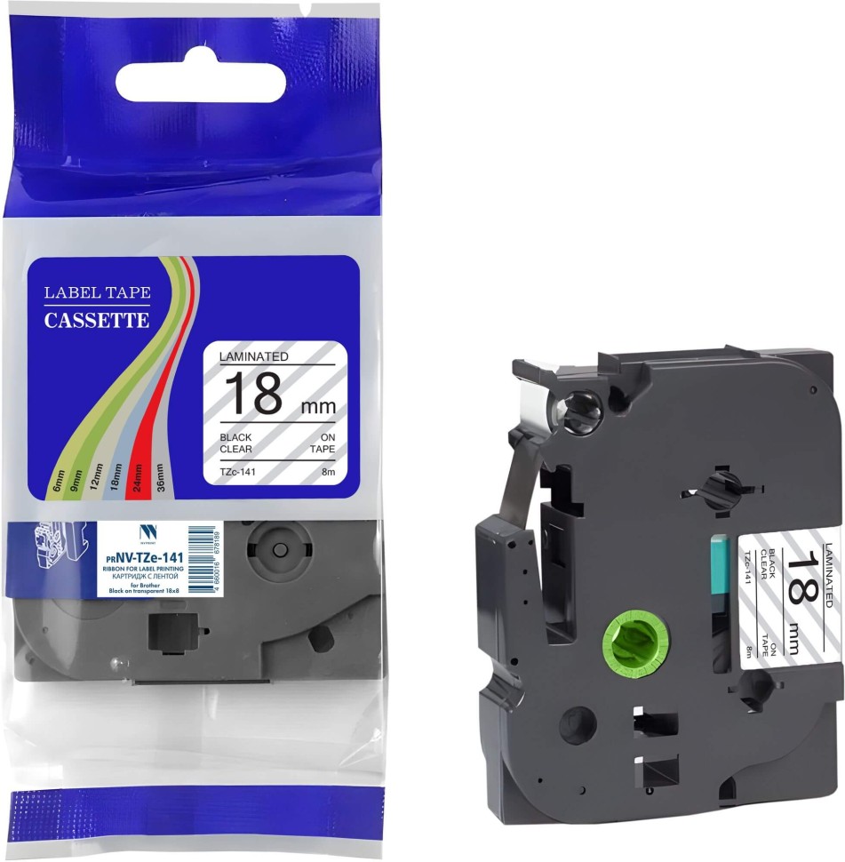 Картридж NV Print TZe-141 (NV-TZe-141) для Brother P-touch P700/ P950W/ P750W, чёрный на прозрачном, 18мм х 8м