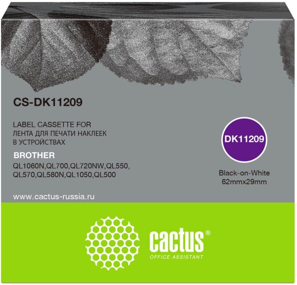 Картридж Cactus DK-11209 (CS-DK11209) для Brother QL-800/ QL-820/ QL-570/ QL-710W, чёрный на белом, 29мм х 62мм, 800шт.