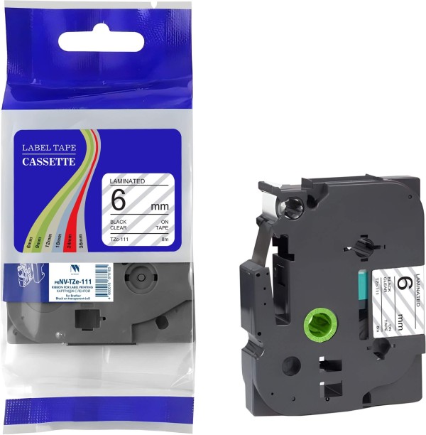 Картридж NV Print TZe-111 (NV-TZe-111) для Brother P-touch P700/ P750W/ 9500PC/ 9700PC, чёрный на прозрачном, 6мм х 8м
