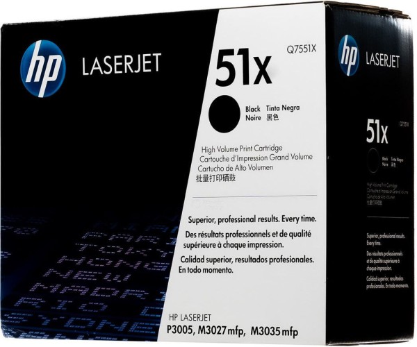 Картридж HP Q7551X (51X) оригинальный для принтера HP LaserJet P3003dn/ P3003x/ P3004/ P3004d/ P3004n/ P3005/ P3005d/ P3005dn/ P3005n/ P3005x/ M3027/ M3027x/ M3035/ M3035xs black, 13000 страниц