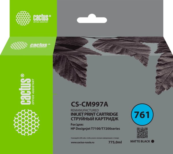 Картридж Cactus №761 CM997A (CS-CM997A) Matte Black для HP DesignJet T7100/ T7200, матовый чёрный, 775 мл