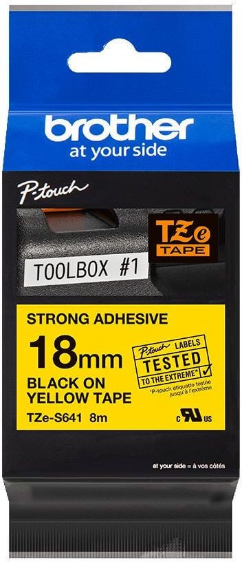 Картридж Brother TZE-S641 (TZeS641) оригинальный для Brother P-Touch, сверхклейкая лента 18мм*8м, чёрный на жёлтом