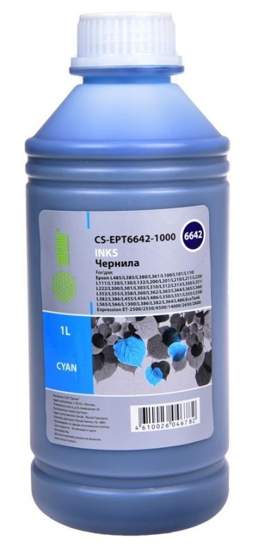 Чернила Cactus CS-EPT6642-1000 для принтеров Epson L100/ L110/ L120/ L132/ L200/ L210/ L222/ L300/ L312/ L350/ L355/ L362/ L366/ L456/ L550/ L555/ L566/ L1300, голубой 1000мл