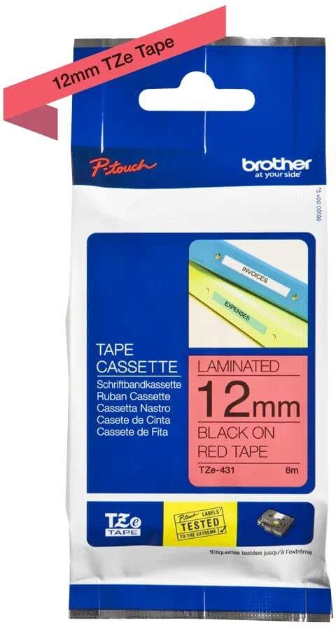 Картридж Brother TZE-431 (TZe431) оригинальный для Brother P-Touch, лента 12мм*8м, чёрный на красном