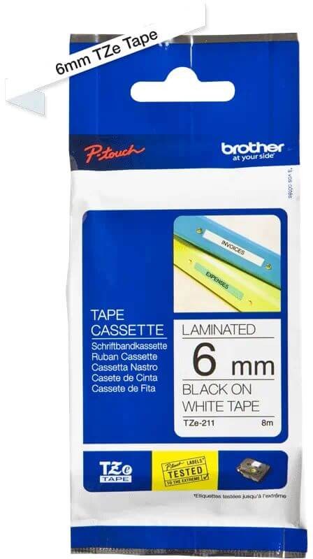 Картридж Brother TZE-211 (TZe211) оригинальный для Brother P-Touch, лента 6мм*8м, чёрный на белом