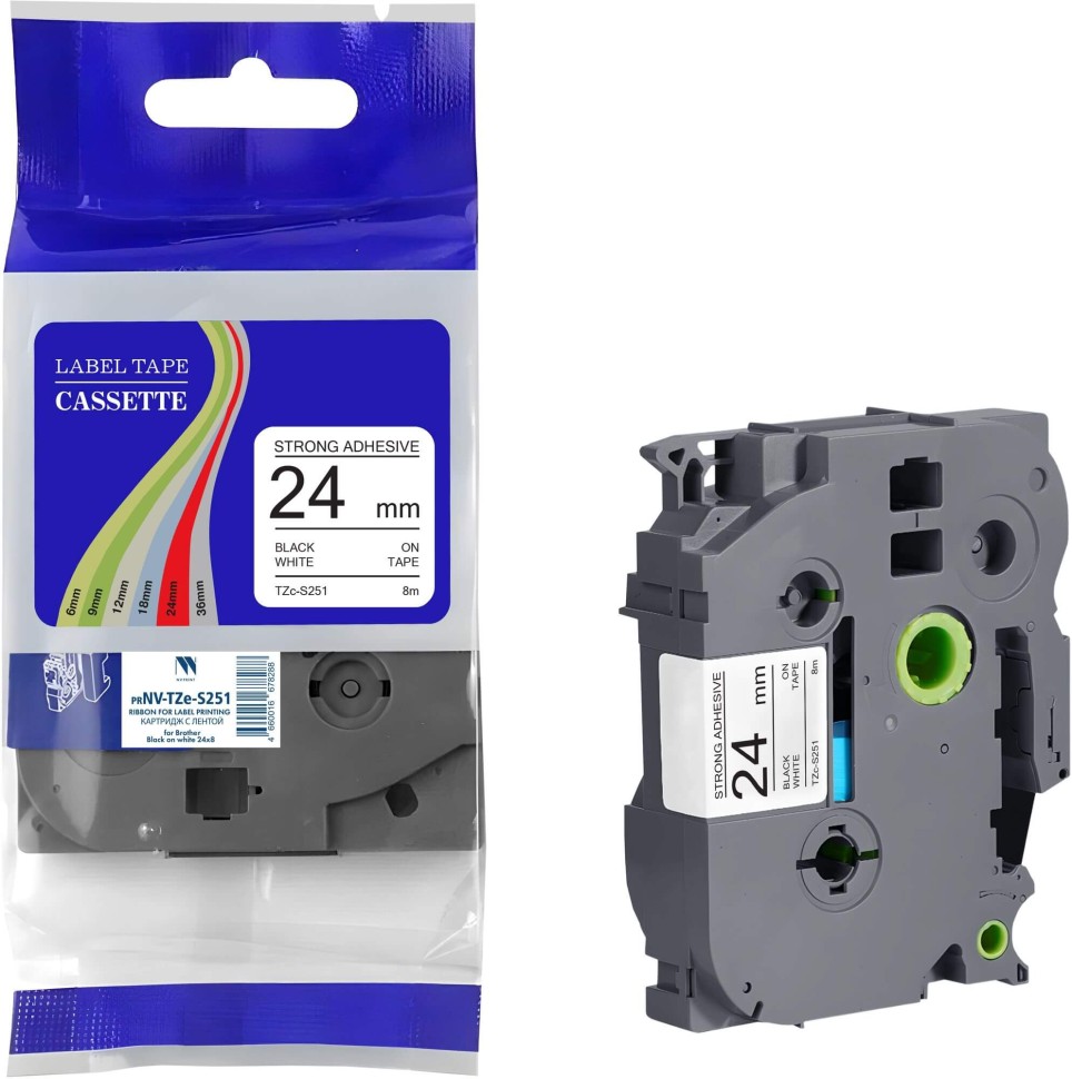 Картридж NV Print TZe-S251 (NV-TZe-S251) для Brother P-touch P700/ P750W/ 9600, чёрный на белом, 24мм х 8м