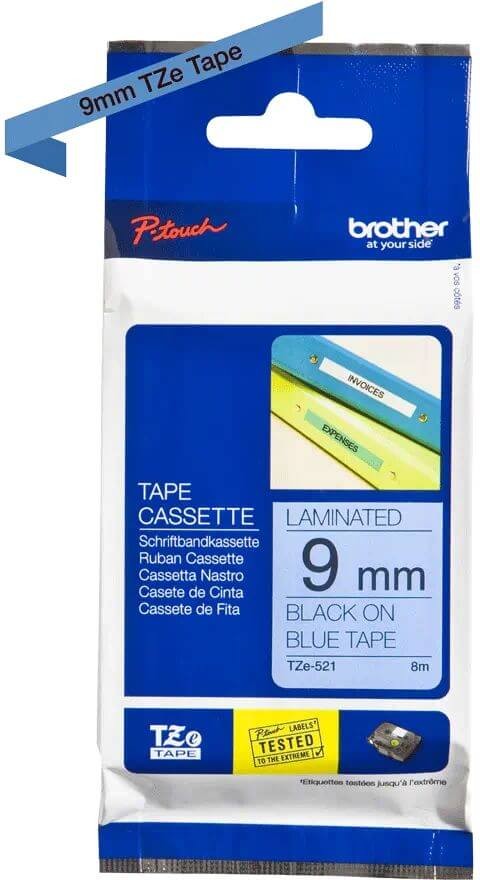 Картридж Brother TZE-521 (TZe521) оригинальный для Brother P-Touch, лента 9мм*8м, чёрный на синем