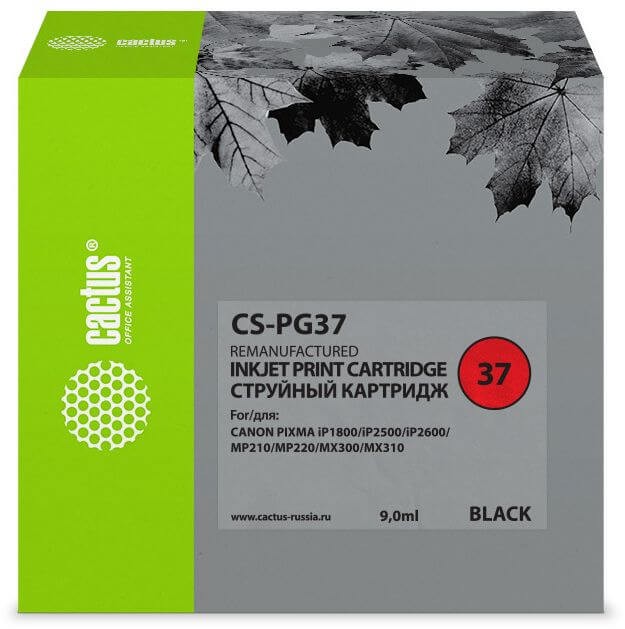 Картридж Cactus PG-37 (CS-PG37) Black (с чипом) для Canon PIXMA iP1800/ iP1900/ iP2500/ iP2600/ MP140/ MP190/ MP210/ MP220/ MP470/ MX300/ MX310, чёрный, 9мл
