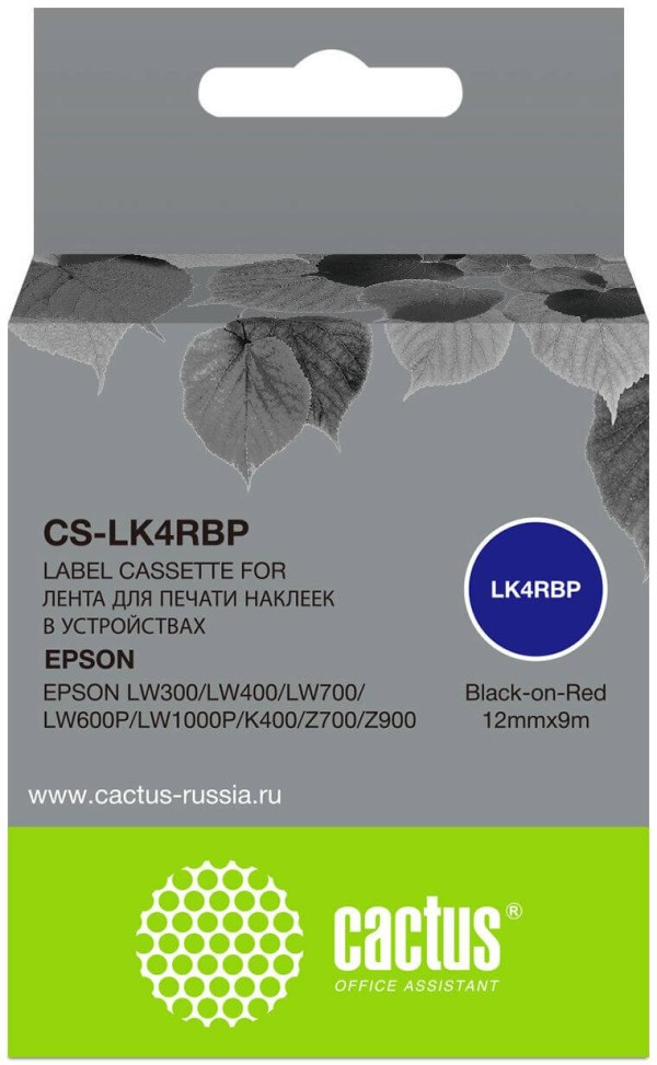 Картридж Cactus LK-4RBP (CS-LK4RBP) для Epson LabelWorks LW300/ LW400 /LW700/ LW600P/ LW1000P/ K400/ Z700/ Z900, чёрный на красном, 12мм х 9м