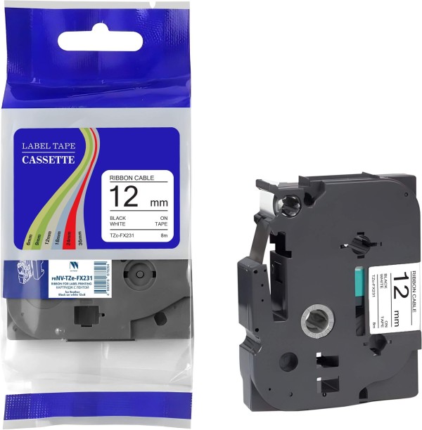 Картридж NV Print TZe-FX231 (NV-TZe-FX231) для Brother P-touch 1090/ 1280/ 9600, чёрный на белом, 12мм х 8м