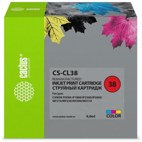 Картридж Cactus CL-38 (CS-CL38) Color (с чипом) для Canon PIXMA iP1800/ iP1900/ iP2500/ iP2600/ MP140/ MP190/ MP210/ MP220/ MP470/ MX300/ MX310, цветной, 9мл