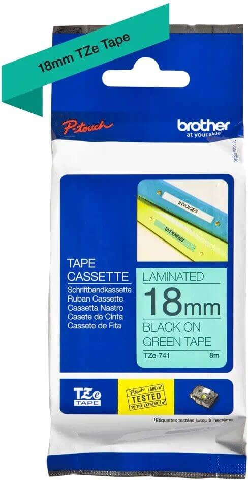 Картридж Brother TZE-741 (TZe741) оригинальный для Brother P-Touch, лента 18мм*8м, чёрный на зелёном