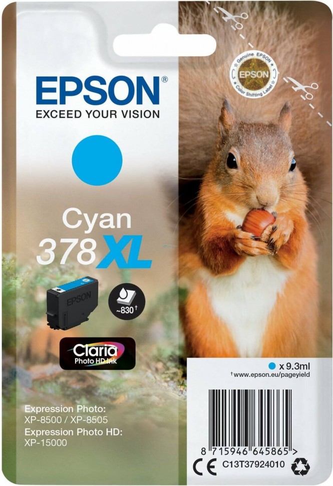 Epson C13T37924020 оригинальный картридж (378XL Cyan) для Epson Expression Photo XP-15000/ XP-8500/ XP-8505, голубой, увеличенный