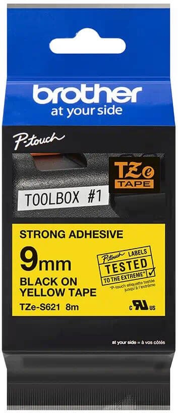 Картридж Brother TZE-S621 (TZeS621) оригинальный для Brother P-Touch, сверхклейкая лента 9мм*8м, чёрный на жёлтом