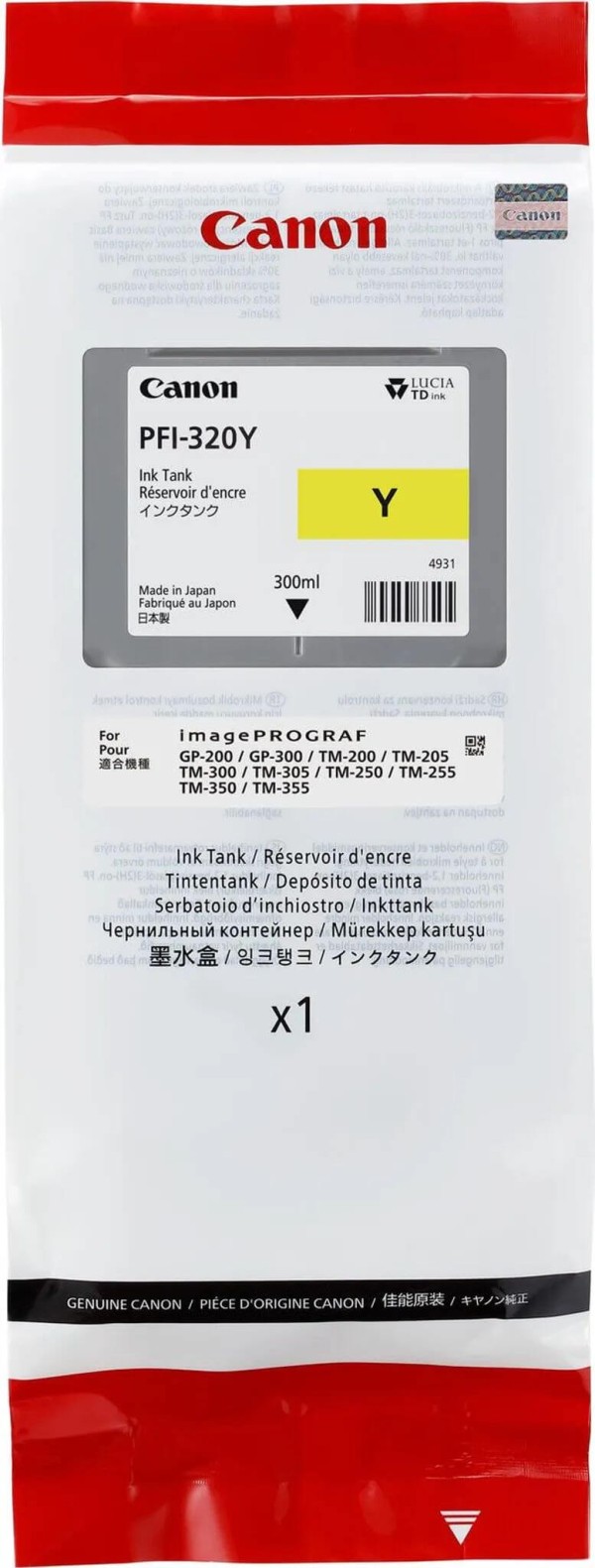 Картридж Canon PFI-320Y 2893C001 Yellow оригинальный для Canon TM-200/ TM-205/ TM-300/ TM-305, жёлтый, увеличенный, 300 мл