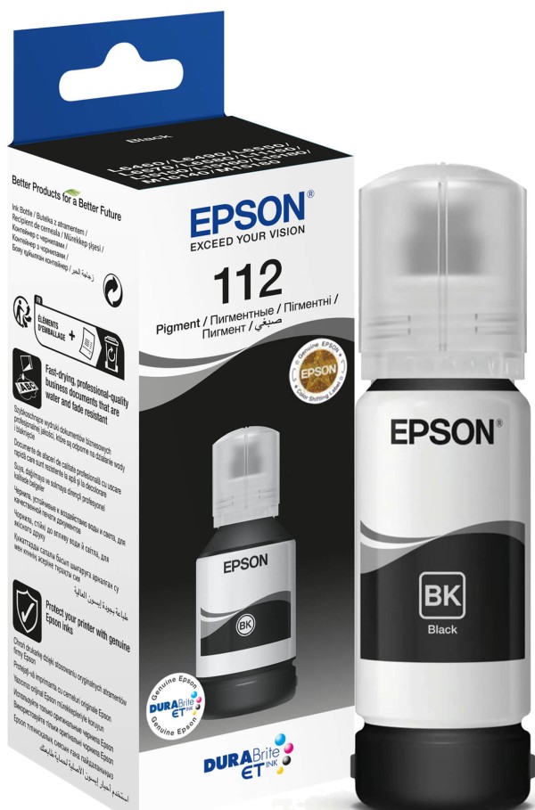 Чернила Epson C13T06C14A (112 Black) оригинальные для Epson EcoTank L11160/ L15150/ L15160/ L15180/ L6490/ L6550/ L6580, чёрный, 127мл