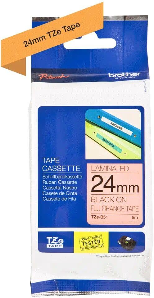 Картридж Brother TZE-B51 (TZeB51) оригинальный для Brother P-Touch, лента 24мм*8м, чёрный на флуоресцентном оранжевом