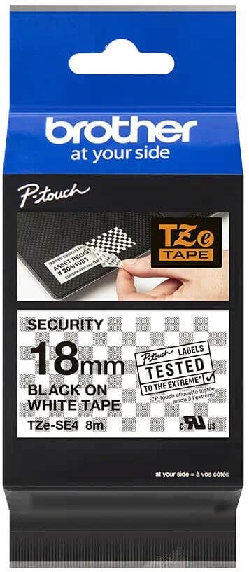 Картридж Brother TZE-SE4 (TZeSE4) оригинальный для Brother P-Touch, лента пломбировочная 18мм*8м, чёрный на белом