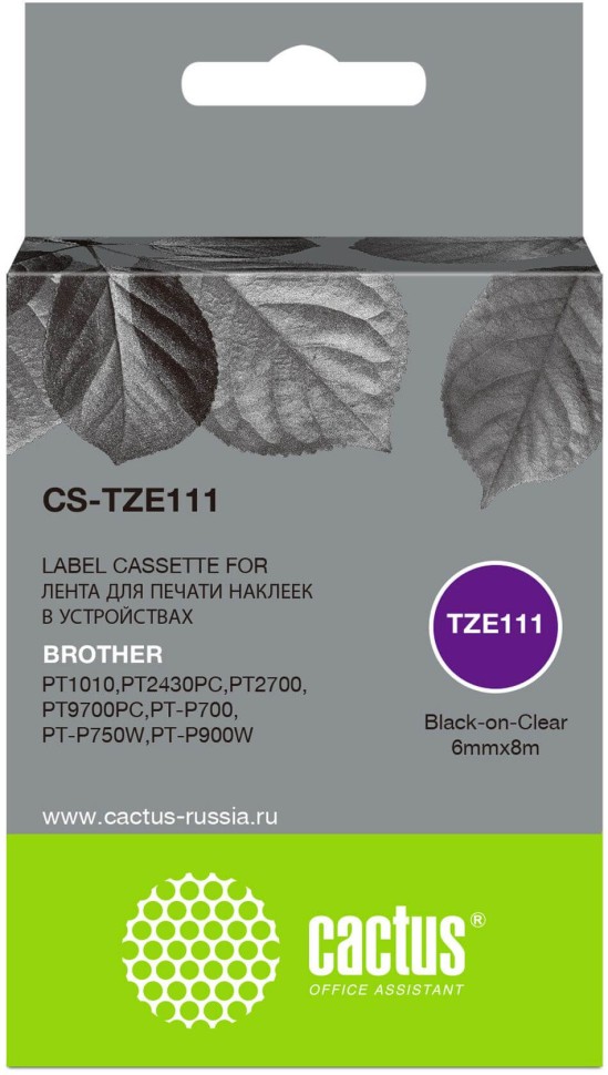 Картридж Cactus TZe-111 (CS-TZE111) для Brother P-touch 1010/ 1280/ 1280VP/ 2700VP, чёрный на прозрачном, 6мм х 8м