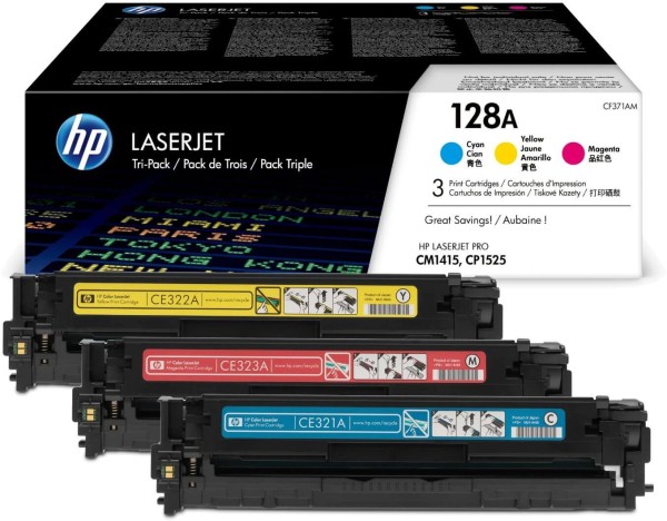 Набор картриджей HP CF371AM (CE321A+CE322A+CE323A) (128A) CMY оригинальный для HP Color LaserJet Pro CP1525N/ CP1525NW/ CM1415, 3*1300 страниц