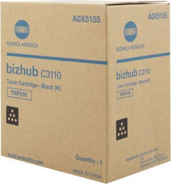 Картридж Konica-Minolta TNP-51K (A0X5155) оригинальный для принтера Konica-Minolta bizhub C3110, чёрный, 5000 стр.