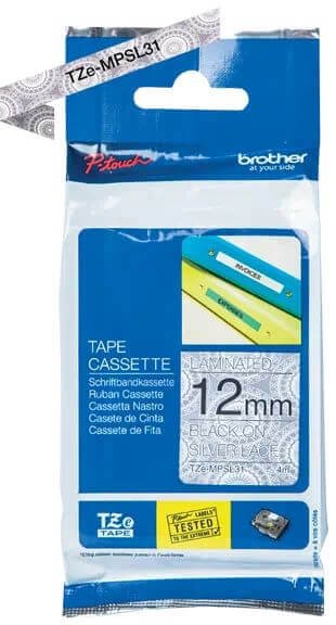 Картридж Brother TZE-MPSL31 (TZeMPSL31) оригинальный для Brother P-Touch, лента 12мм*4м, чёрный на серебристом орнаменте