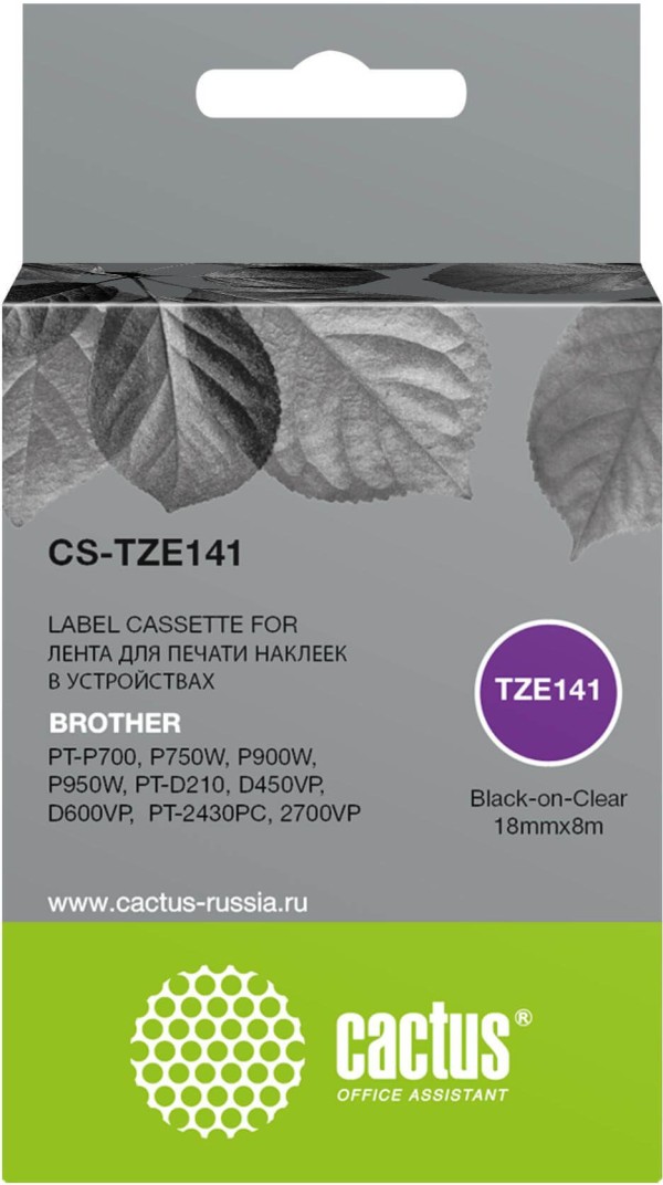 Картридж Cactus TZe-141 (CS-TZE141) для Brother P-touch 1010/ P700/ P900W/ P950W, чёрный на прозрачном, 18мм х 8м