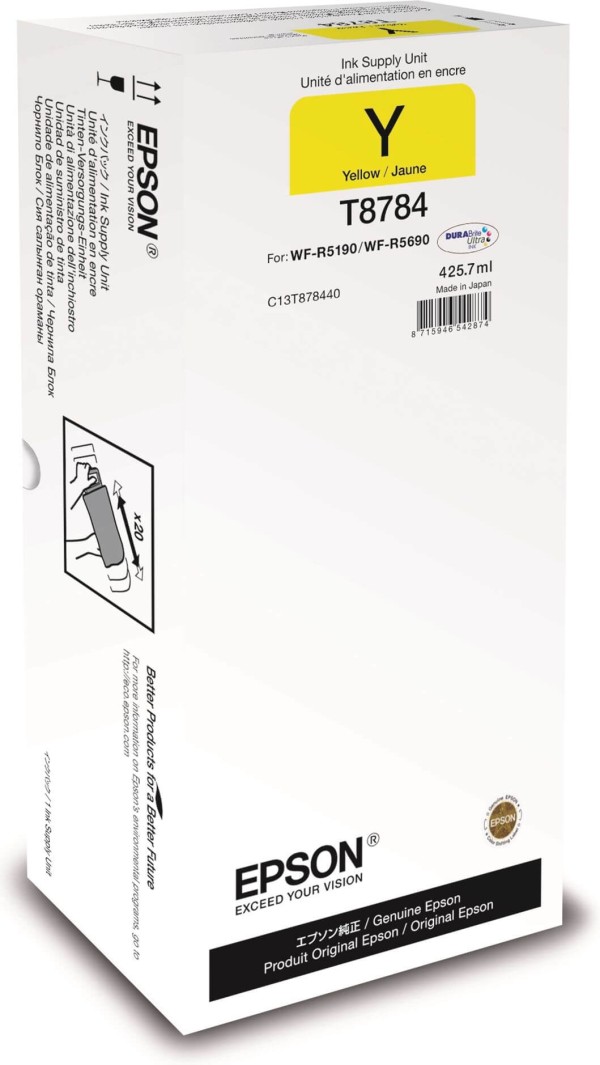 Картридж Epson C13T878440 (T8784 Yellow) XXL оригинальный для Epson WF-R5190DTW/ R5690DTWF, жёлтый, 425,7мл, 50000 стр.