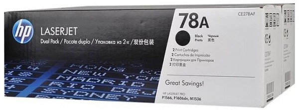 Картридж HP CE278AF/CE278AD (78A) оригинальный HP для принтера HP LaserJet Pro P1566/ P1567/ P1568/ P1569/ P1606/ P1607/ P1608/ P1609/ M1530/ M1536/ M1537/ M1538/ M1539, чёрный, двойная упаковка 2*2100 страниц