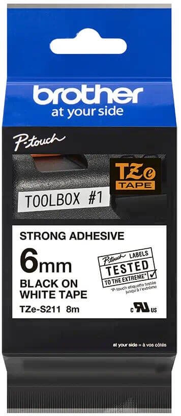 Картридж Brother TZE-S211 (TZeS211) оригинальный для Brother P-Touch, сверхклейкая лента 6мм*8м, чёрный на белом