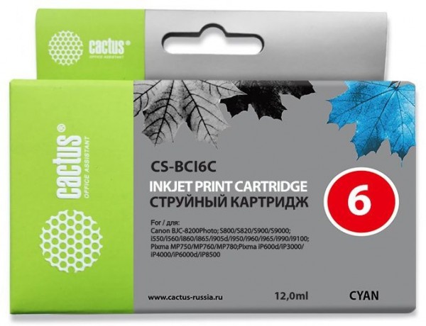 Картридж струйный Cactus CS-BCI6C голубой (12мл) для Canon S800/ S820/ S900/ S9000; i550/ i560/ i860/ i865/ i905D/ i950S/ i960x/ i965/ i990/ i9100/ i9950; JX500; MP750/ MP760; iP600D/ iP3000/ iP600D/ iP8500; BJC-8200 Photo