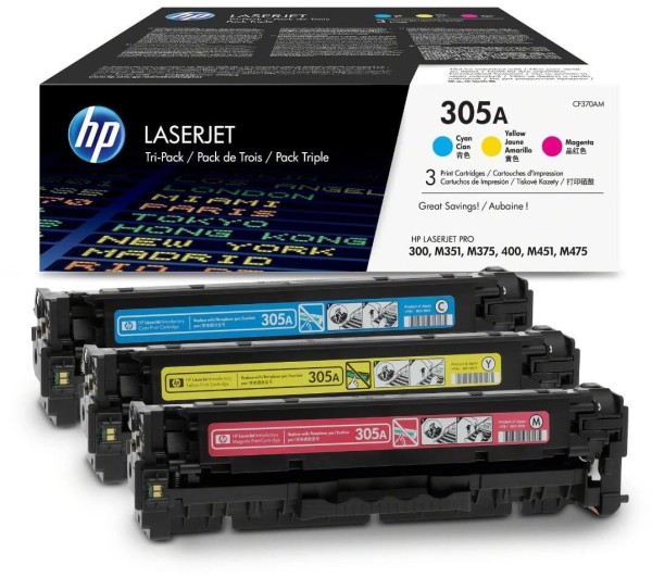Набор картриджей HP CF370AM (CE411A+CE412A+CE413A) (305A) CMY оригинальный для HP Color LaserJet Pro M351/ M375/ M451/ M475, 3*2600 стр.