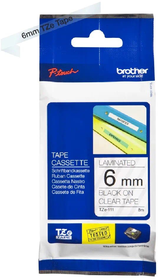 Картридж Brother TZE-111 (TZe111) оригинальный для Brother P-Touch, лента 6мм*8м, чёрный на прозрачном