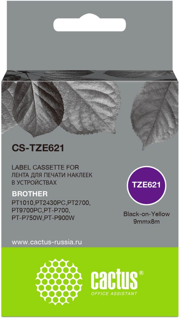 Картридж Cactus TZe-621 (CS-TZ621) для Brother P-touch 1010/ 1280/ 1280VP/ 2700VP, чёрный на жёлтом, 8мм х 8м