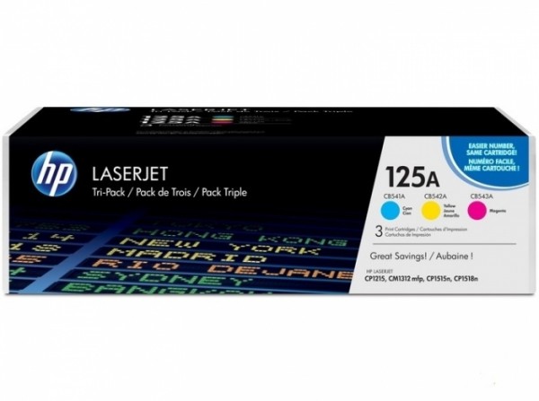 Набор картриджей HP CF373AM (CB541A+CB542A+CB543A) (125A) оригинальный для принтера HP Color LaserJet CP1213/ CP1214/ CP1215/ CP1216/ CP1217/ CP1513n/ CP1514n/ CP1515n/ CP1516n/ CP1517ni/ CP1518ni/ CP1519ni/ CM1312, CYM Tri-Pack, 3*1400 страниц