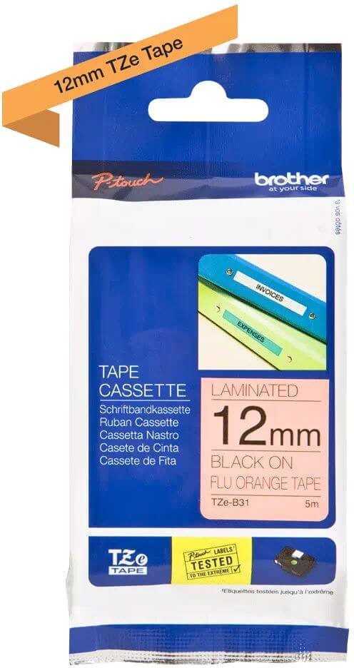Картридж Brother TZE-B31 (TZeB31) оригинальный для Brother P-Touch, лента 12мм*8м, чёрный на флуоресцентном оранжевом