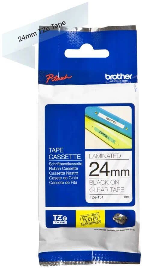 Картридж Brother TZE-151 (TZe151) оригинальный для Brother P-Touch, лента 24мм*8м, чёрный на прозрачном