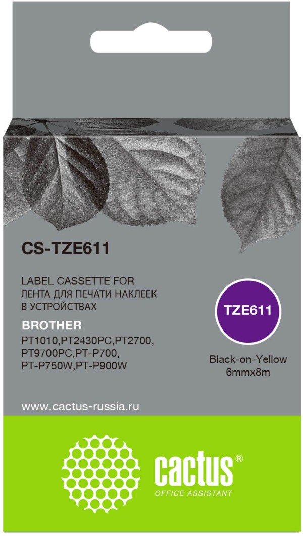 Картридж Cactus TZe-611 (CS-TZE611) для Brother P-touch 1010/ 1280/ 1280VP/ 2700VP, чёрный на жёлтом, 6мм х 8м