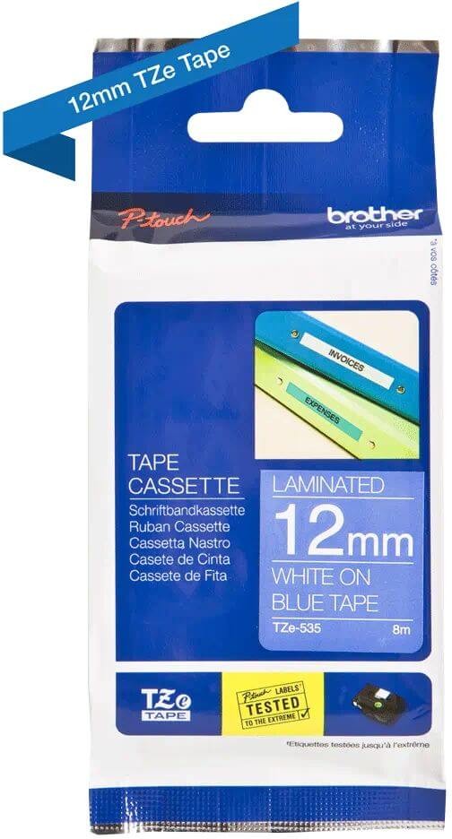 Картридж Brother TZE-535 (TZe535) оригинальный для Brother P-Touch, лента 12мм*8м, белый на синем