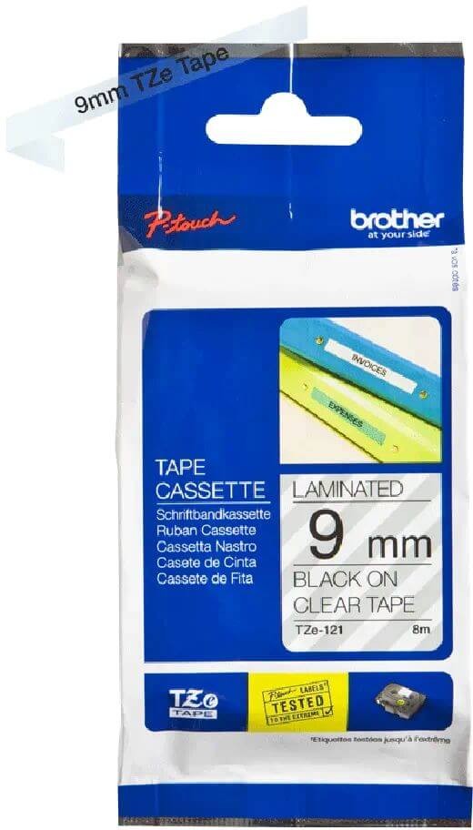 Картридж Brother TZE-121 (TZe121) оригинальный для Brother P-Touch, лента 9мм*8м, чёрный на прозрачном