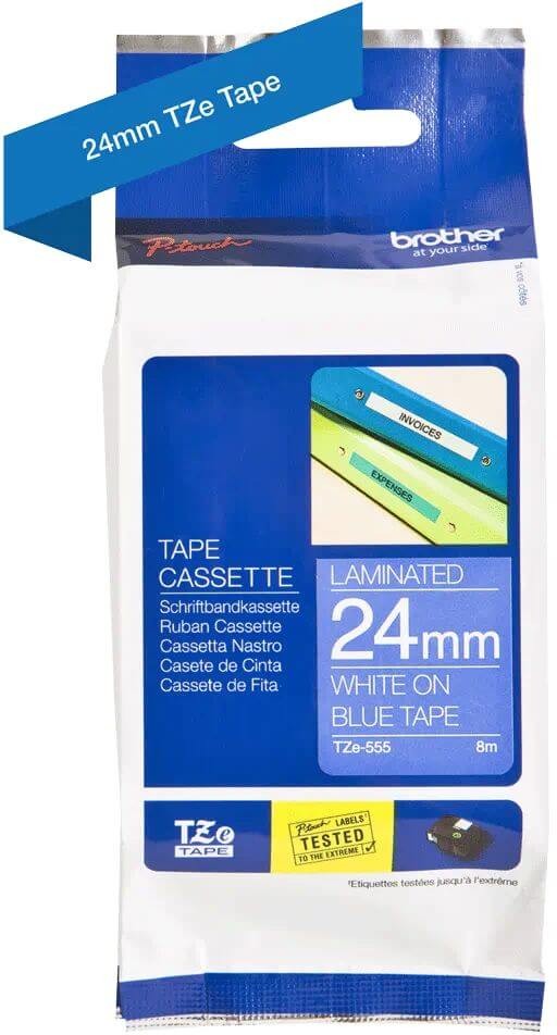 Картридж Brother TZE-555 (TZe555) оригинальный для Brother P-Touch, лента 24мм*8м, белый на синем