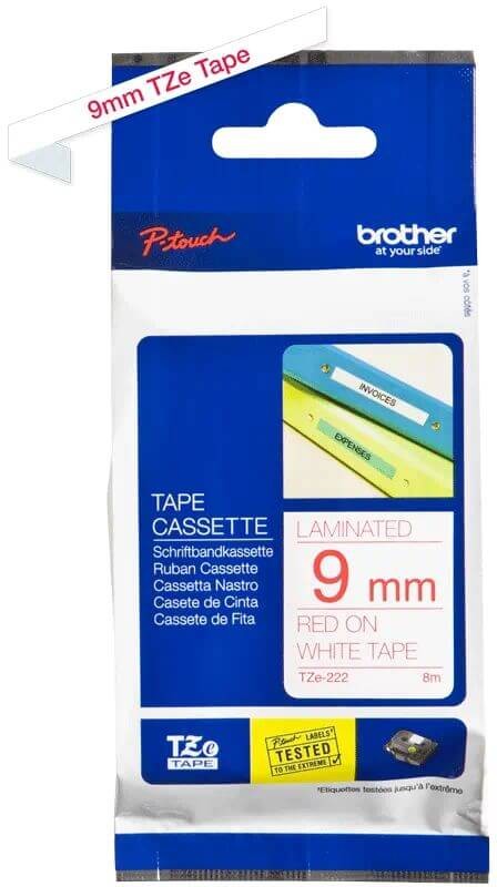 Картридж Brother TZE-222 (TZe222) оригинальный для Brother P-Touch, лента 9мм*8м, красный на белом