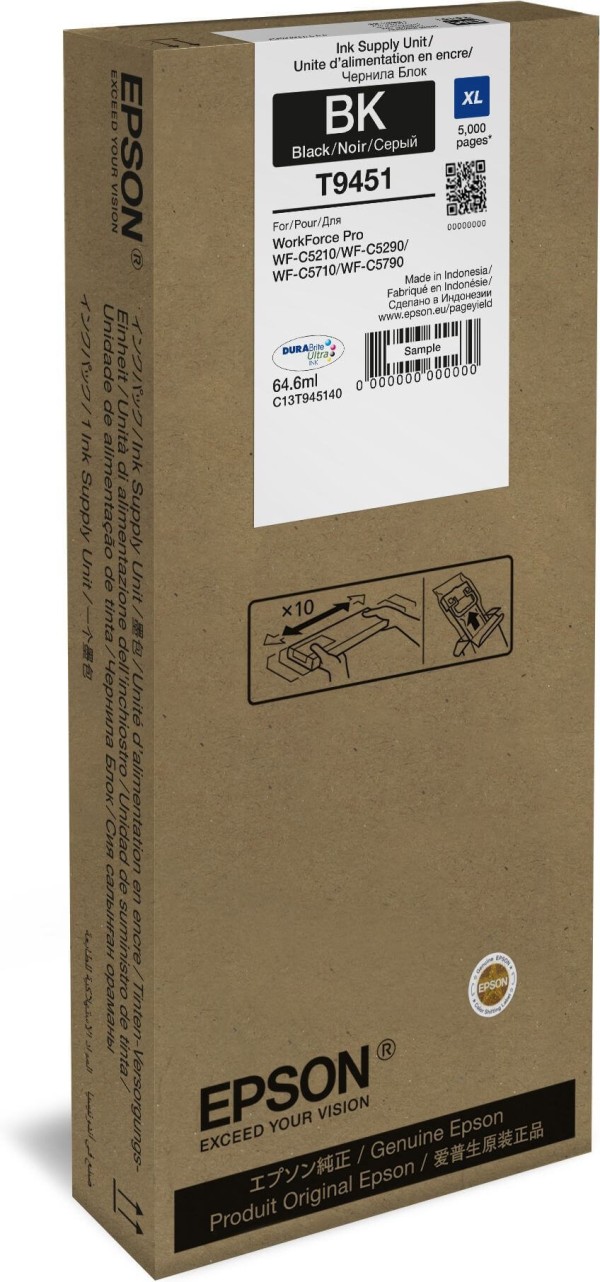 Чернила Epson C13T945140 (T9451 Black) оригинальные для Epson WorkForce Pro WF-C5210/ WF-C5290/ WF-C5710/ WF-C5790 чёрный, 64,6мл, 5000 стр.