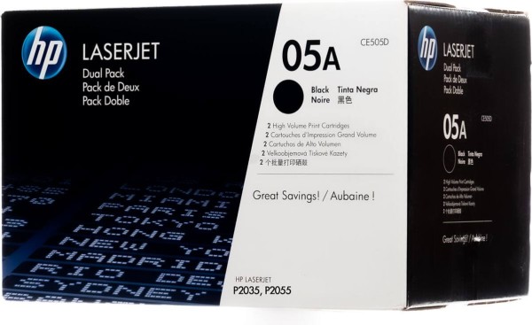 Картридж HP CE505D (05A) оригинальный для принтера HP LaserJet P2033/ P2034/ P2035/ P2036/ P2037/ P2053/ P2054/ P2055/ P2056/ P2057d black, двойная упаковка 2*2300 страниц