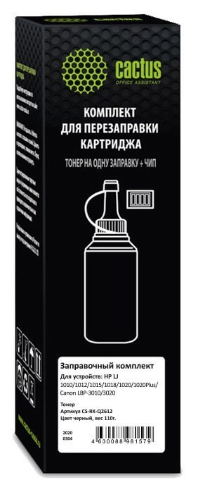 Тонер Cactus CS-RK-Q2612 для принтера HP LJ 1010/1012/1015/1018/1020/1020Plus/Canon LBP-3010/3020 черный флакон 110гр.